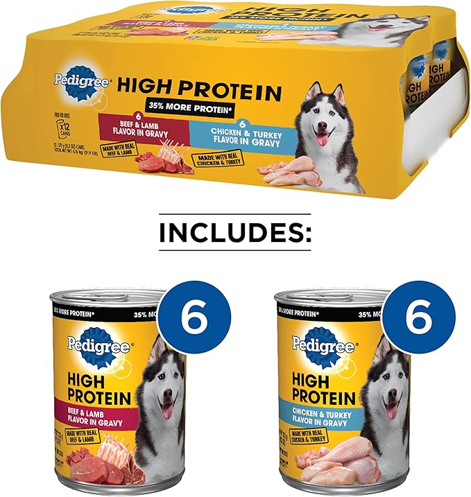 PEDIGREE High Protein Adult Canned Wet Dog Food Variety Pack, Chicken & Turkey Flavor in Gravy and Beef & Lamb Flavor in Gravy,13.2 Oz Cans (Pack of 12)