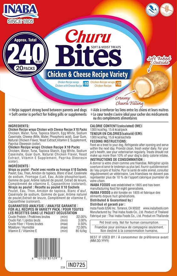 INABA Churu Bites Dog Treat, Grain-Free, Baked Chicken Filled with Churu, Chicken Recipe Wraps Chicken Recipe & Cheese Recipe 20 Pack Variety