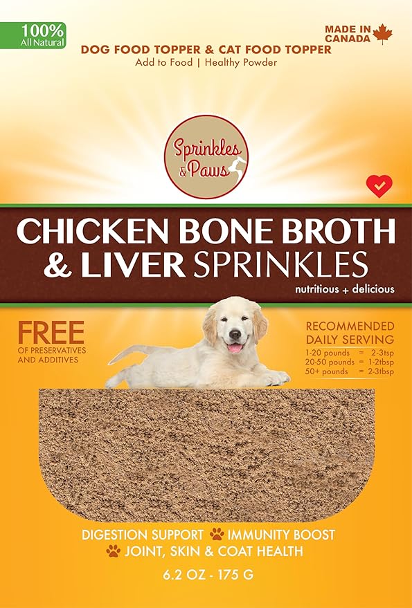 Sprinkles & Paws Chicken Bone Broth and Beef Liver Powder for Dogs | Dog Food Topper Helps Eating and Appetite | All Natural Free of Preservatives Rich in Protein and Vitamins