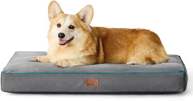 Bedsure Waterproof Dog Beds for Large Dogs - 4 inch Thicken Up to 80lbs L-Crate Dog Bed with Removable Washable Cover, Pet Bed Mat Pillows, Grey