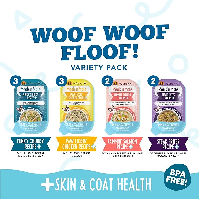 Weruva Meals 'n More Natural Wet Dog Food, Woof Woof Floof! Skin & Coat Health Variety Pack, 3.5oz Cup (Pack of 10)