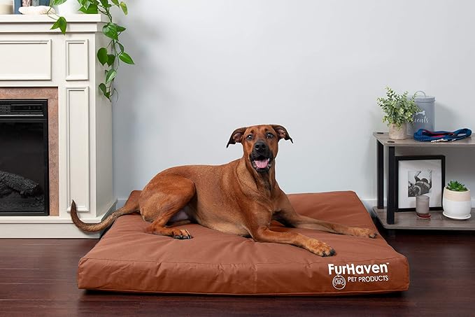 Furhaven Water-Resistant Orthopedic Dog Bed for Large Dogs w/ Removable Washable Cover, For Dogs Up to 95 lbs - Indoor/Outdoor Logo Print Oxford Polycanvas Mattress - Chestnut, Jumbo/XL