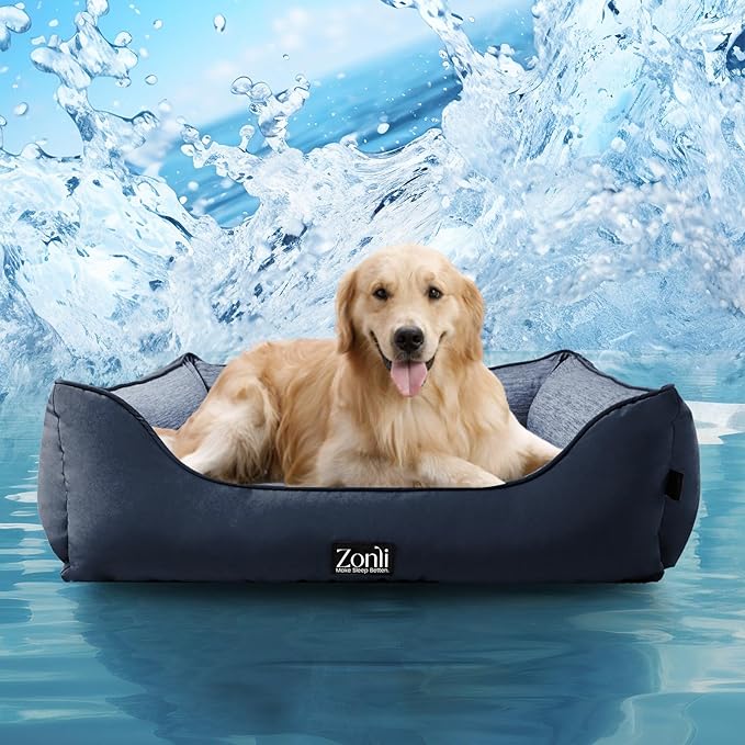 ZonLi Cooling Dog Bed, Dog Bed for Large Dogs, Dog Cooling Bed with Bolsters Waterproof, for Dogs Up to 40 lbs, Pet Bed with Washable Cover, Non-Slip Bottom, without Gel, Oceanic Navy