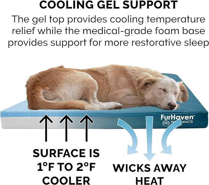 Furhaven Water-Resistant Cooling Gel Dog Bed for Large Dogs, Deep Lagoon, Jumbo Plus/XXL, 53"L x 40"W x 5"Th