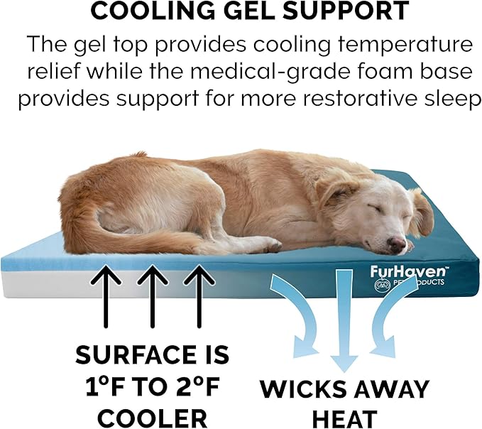 Furhaven Water-Resistant Cooling Gel Dog Bed for Medium/Small Dogs w/ Removable Washable Cover, For Dogs Up to 35 lbs - Indoor/Outdoor Logo Print Oxford Polycanvas Mattress - Deep Lagoon, Medium