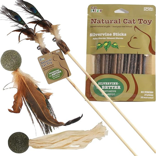 Penn-Plax Cat-Life Natural 5-Piece Toy Bundle for Cats – Contains Silvervine and Compressed Catnip – 2 Wands, 1 Pack of Silvervine Sticks, and 2 Birdies