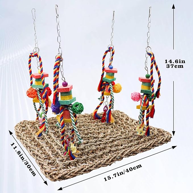 Large Bird Swing Toys, Colorful Parrot Seagrass Mat Hammock with Blocks, Bird Foraging Toy, Bird Cage Accessories, Suitable for Small to Medium Birds Parakeets Lovebirds Cockatiels 15.7 × 11.8 Inches