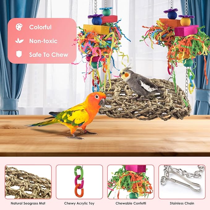 KATUMO Conure Toys, Bird Grass Swing Mat Parrot Climbing Hammock with Colorful Toys for Parakeet, Cockatiel, Sun Conure, Lovebird, Budgie, Small Birds