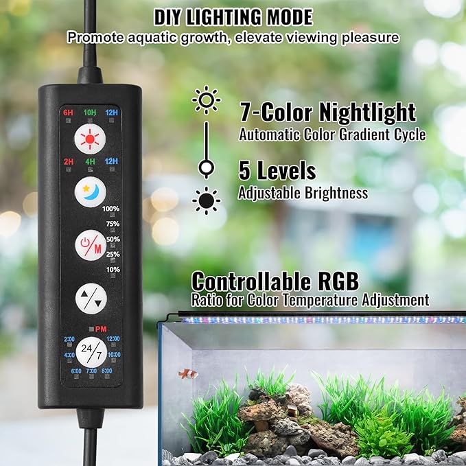 VEVOR Aquarium Light, 26W Full Spectrum Fish Tank Light with 24/7 Natural Mode, Adjustable Timer & 5-Level Brightness, with Aluminum Alloy Shell Extendable Brackets for 30"-36" Freshwater Planted Tank