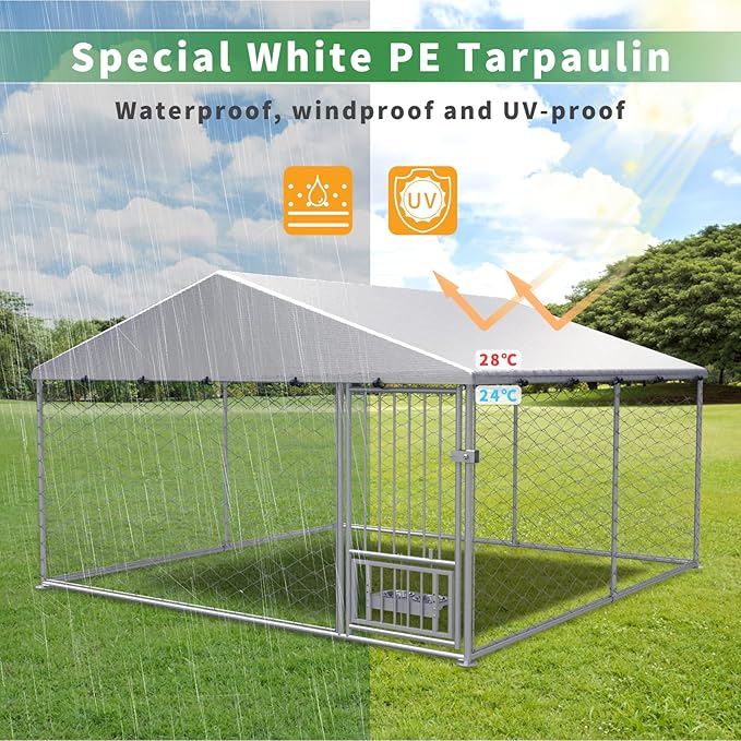 Large Outdoor Dog Kennel with Roof, 10'×10' Outside Dog Kennel Heavy Duty Dog Run Fence with Waterproof Sun-Proof Cover and 2 Stainless Steel Dog Bowl