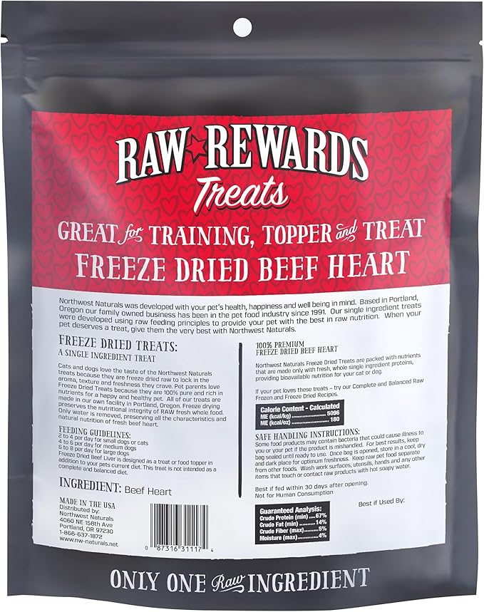 Northwest Naturals Raw Rewards Freeze-Dried Beef Heart Treats for Dogs and Cats - Bite-Sized Pieces - Healthy, 1 Ingredient, Human Grade Pet Food, All Natural - 10 Oz (Pack of 3) (Packaging May Vary)