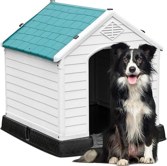 YITAHOME 34.5'' Large Plastic Dog House Outdoor Indoor Doghouse Puppy Shelter Water Resistant Easy Assembly Sturdy Dog Kennel with Air Vents and Elevated Floor (34.5''L*30.9''W*32''H, Blue)