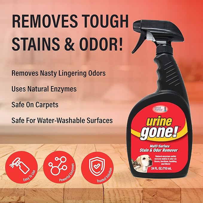 Urine Gone Stain & Odor Eliminator: Professional Strength Fast Acting, Enzyme Based Home Cleaning Solution for Carpet, Stain Remover for Cat Urine & Dog Pee