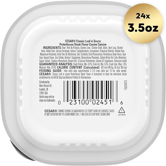 CESAR Adult Wet Dog Food Classic Loaf in Sauce Porterhouse Steak Flavor, 3.5 oz. Easy Peel Trays, Pack of 24