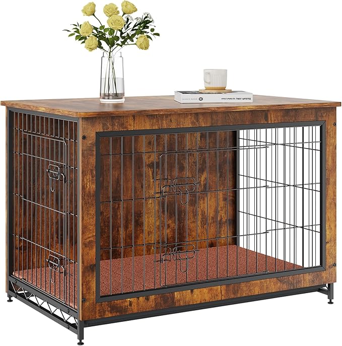 VEVOR Dog Crate Furniture, 38 inch Wooden Dog Crate with Double Doors, Heavy-Duty Dog Cage End Table with Multi-Purpose Removable Tray, Modern Dog Kennel Indoor for Dogs up to 70lb, Rustic Brown