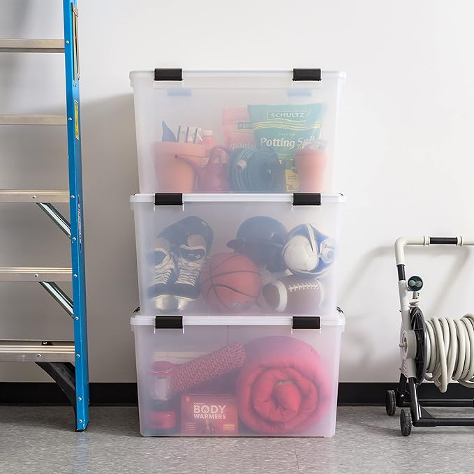 IRIS USA 156 Qt Storage Box with Gasket Seal Lid, 3 Pack - BPA-Free, Made in USA - Heavy Duty Moving Containers with Tight Latch, Weather Proof Tote Bin, WEATHERPRO - Clear/Black