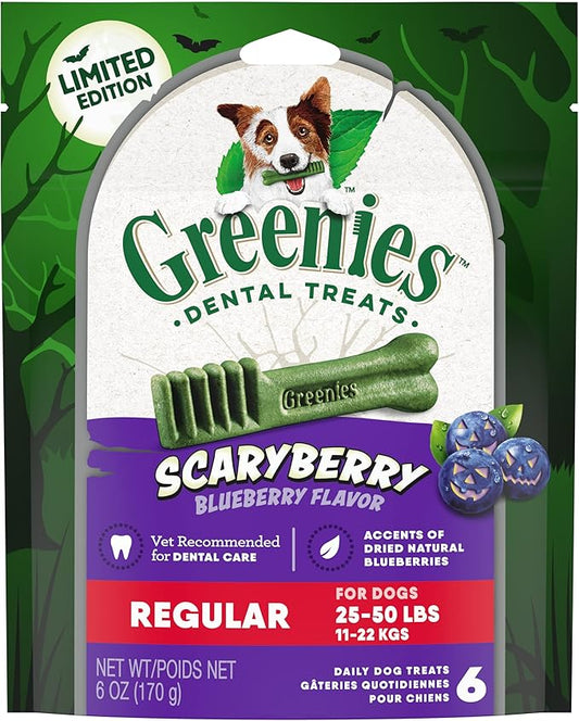 Greenies Regular Halloween Natural Dental Dog Chew Treats, ScaryBerry Blueberry Flavor , 6 oz. Pack (6-Count)
