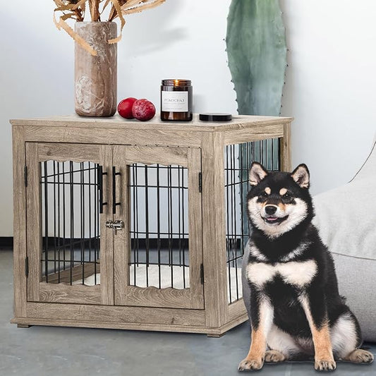 Dog Crate Furniture with Bed, Wooden Dog Kennel Furniture End Table Dog Crate with 3 Doors, Indoor Solid Wood Dog Cage