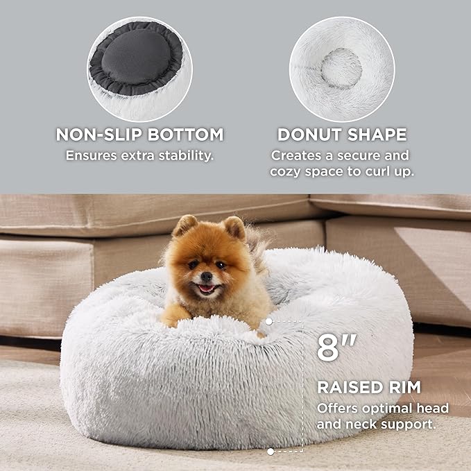 Bedsure Calming Dog Bed for Small Dogs - Donut Washable Small Pet Bed, 23 inches Anti-Slip Round Fluffy Plush Faux Fur Large Cat Bed, Fits up to 25 lbs Pets, Frost Grey