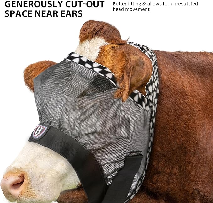 Harrison Howard Cattle Livestock Fly Mask Breathable Mesh Padded Edging with Fun Patterns Large Spacing Forelock Opening Design Adjustable Fit for Cattle Deep Grey