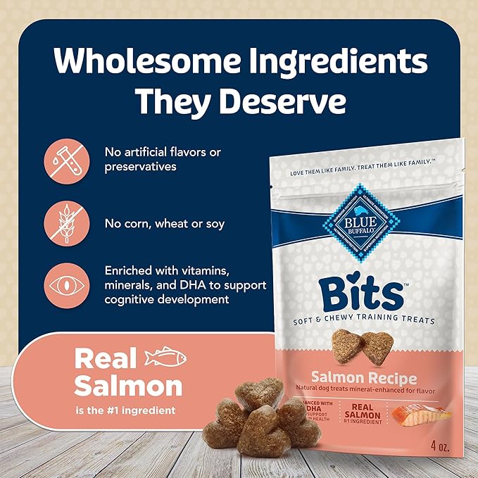 Blue Buffalo Bits Soft Dog Treats for Training, Made with Natural Ingredients & Enhanced with DHA, Savory Salmon Recipe, 4-oz. Bag