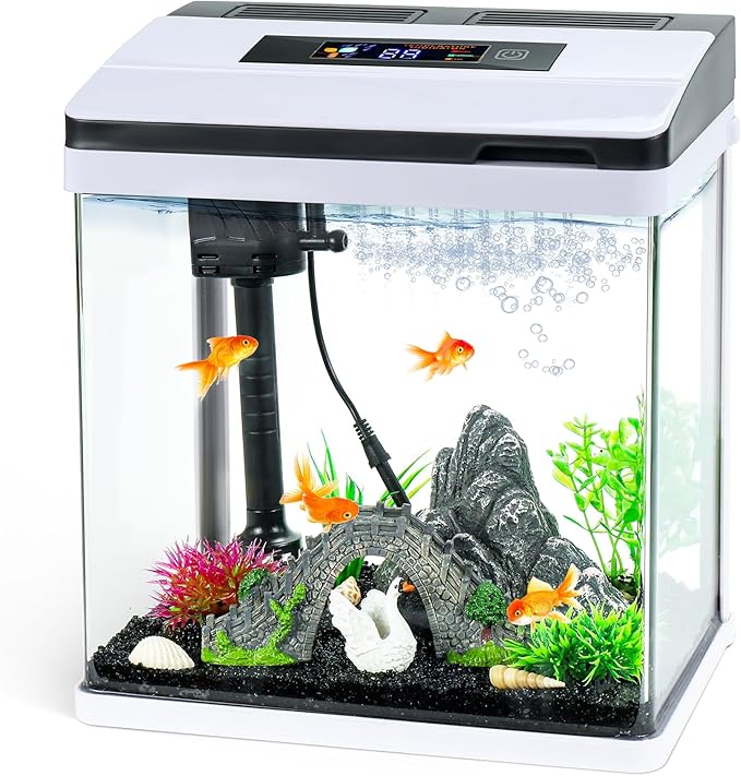 2 Gallon Glass Aquarium Fish Tank Starter Kit with Temperature for Betta Fish Featuring Crystal Clear 360° Viewing, Eco-Cycle Filtration, Air Pump