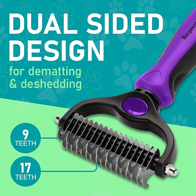 Maxpower Planet Pet Grooming Brush - Double Sided Shedding, Dematting Undercoat Rake for Dogs, Cats - Extra Wide Dog Grooming Brush, Dog Brush for Shedding, Cat Brush, Reduce Shedding by 95%, Purple