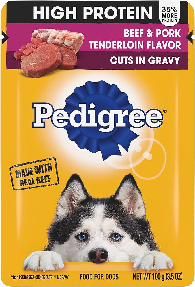 Pedigree High Protein Wet Dog Food Pouches, Beef and Pork Tenderloin Flavor Cuts in Gravy, 3.5 oz. Pouches, 16 Count