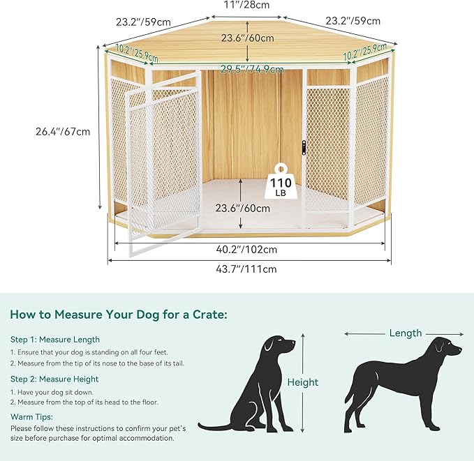 YITAHOME Corner Dog Crate Furniture with Cushion, 43.7" Dog Kennel Furniture with Metal Mesh, Wooden Dog Kennel for Small Medium Dogs, Walnut Color