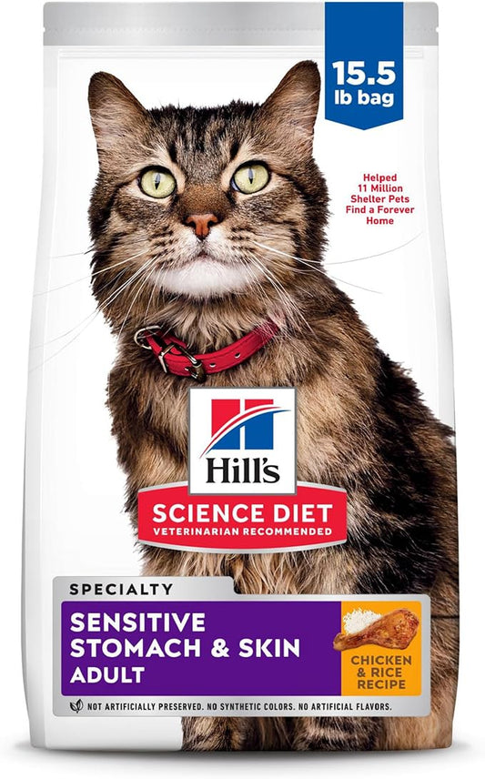 Hill's Science Diet Sensitive Stomach & Skin, Adult 1-6, Stomach & Skin Sensitivity Support, Dry Cat Food, Chicken & Rice, 15.5 lb Bag