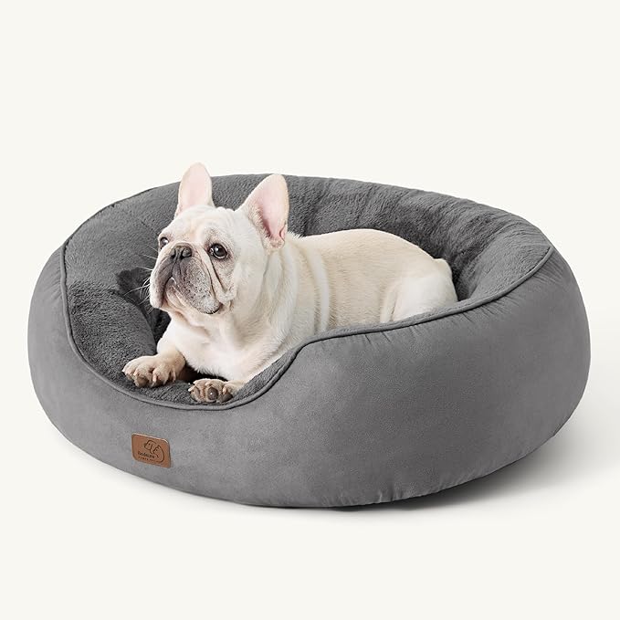 Bedsure Dog Bed for Medium Dogs - Round Washable Medium Pet Bed, Anti-Slip Donut Fluffy Plush Indoor Fur Cat Bed, 30 inches, Grey