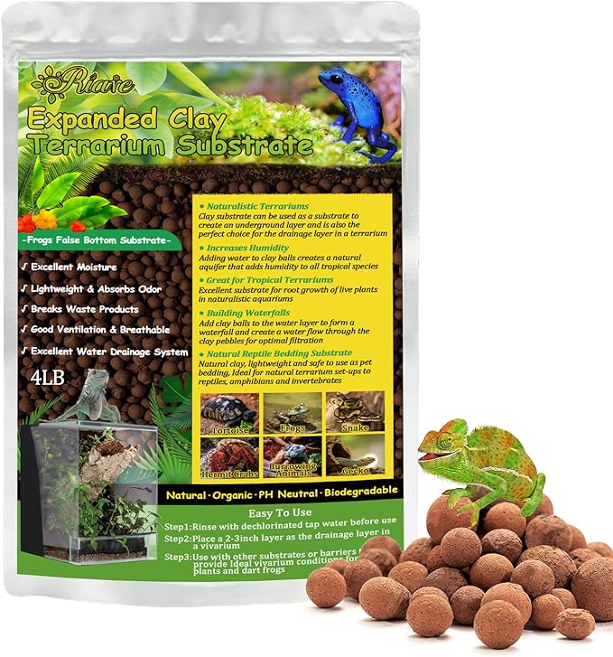 4LBS Expanded Clay Balls Terrarium Substrate for Reptiles - 100% Organic Lightweight Clay Pebbles Substrate Frogs False Bottom Substrate, Bioactive Terrarium Substrate for Drainage and Moisture