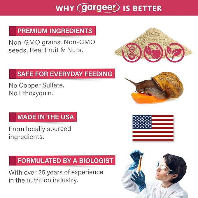 2oz Land Snail Complete Diet with Fruit. Nutritious, Balanced, Non-Gmo, No Ethoxyquin or Copper Sulfate Food Option. Enriched with dried banana, mango, and bee pollen. Proudly Made in The USA