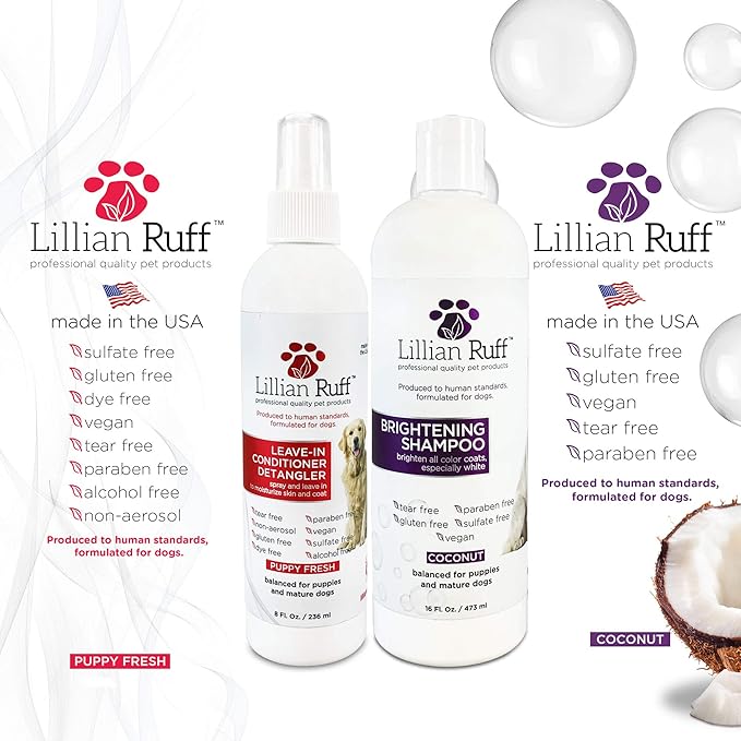 Lillian Ruff Ultra-Brightening Professional Whitening Shampoo for Dogs & Leave-in Dog Conditioner Detangler Spray Set - pH-Balanced Dog Whitening Shampoo & No Rinse Hydrating Dog Conditioning Spray