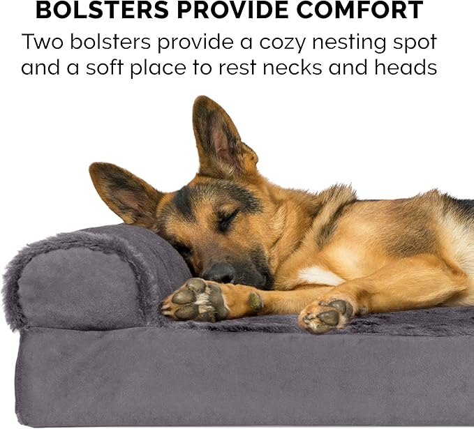 Furhaven Memory Foam Dog Bed for Large/Medium Dogs w/ Removable Bolsters & Washable Cover, For Dogs Up to 55 lbs - Plush & Velvet L Shaped Chaise - Platinum Gray, Large
