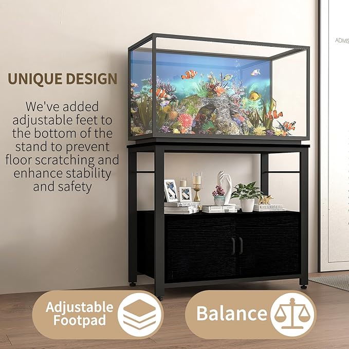 Fish Tank Stand Metal Aquarium Stand with Cabinet Accessories Storage 40-50 Gallon, Double Layer Metal with Storage Weight Capacity 760lbs, Black