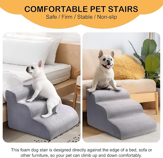 3 Tier Dog Ramp for Couch, Non-Slip Pet Stairs, Extra Wide Deep Dog Steps, 15.7" High Sofa Foam Dog Stairs/Puppy Stairs/Dog Ladder - Best for Small Pets, Older Dogs, Cats with Joint Pain