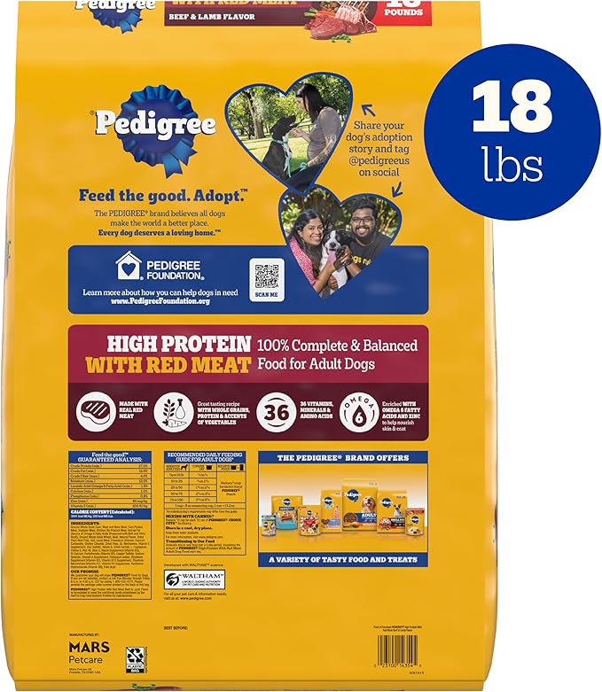 Pedigree High Protein Adult Dry Dog Food Beef and Lamb Flavor Dog Kibble, 18 lb. Bag