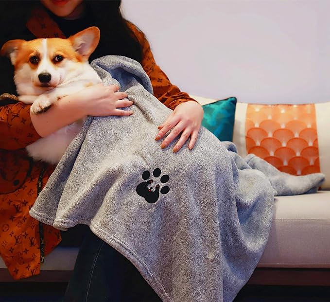 Extra Large Dog Towels for Drying Dogs Super Absorbent Soft Microfiber Pet Bath Grooming Towel for Dogs and Cats & Other Pets (XL-55" * 36", Grey)