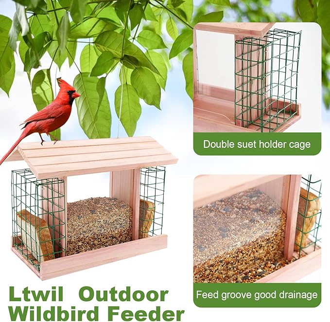 Wooden Bird Feeders with 2 Suet Cages, Large Capacity Handmade Wildbird Feeder for Outside Hanging, Pink