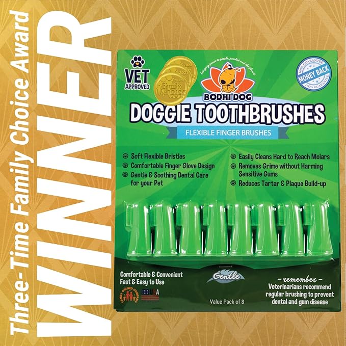 Bodhi Dog Dental Gel Reduces Tartar and Freshens Bad Breath + 8-Pack Gentle Disposable Finger Toothbrush | Soft & High-Grade Dog Toothbrush with Silicone Bristles | Oral Care or Dental Care Bundle