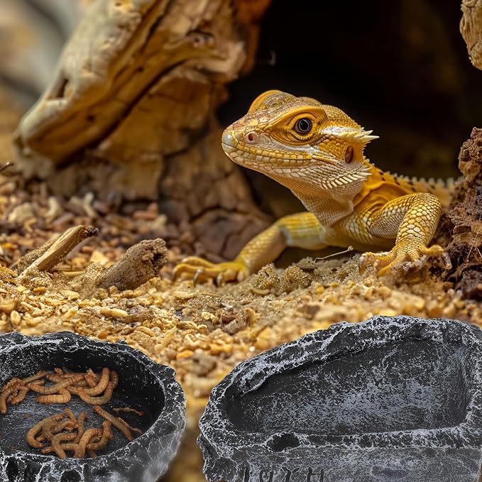 Reptile Water Dish Food Bowl for Bearded Dragon Tank Accessories, Hygger zoo Reptile Rock Feeder for Reptile Tank 2 Pack Corner Resin Terrarium Bowl for Leopard Gecko Hermit Crab Tortoise Snake, Black