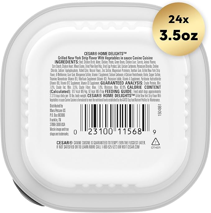 CESAR HOME DELIGHTS Adult Wet Dog Food Grilled New York Strip Flavor with Vegetables in Sauce, 3.5 oz. Easy Peel Trays, Pack of 24