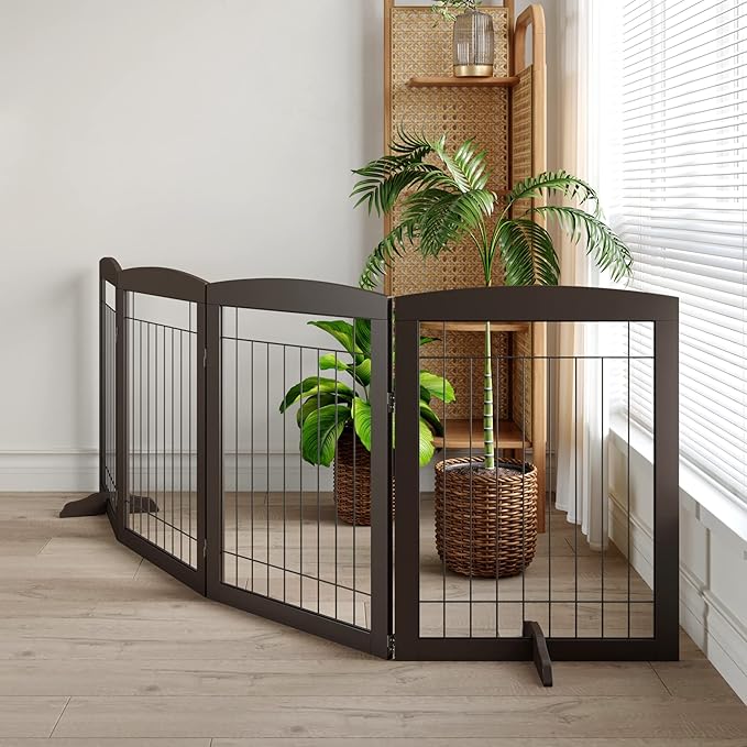 Folding Pet Gate 96" Wide, 30" Tall No-Assembly Wooden Dog Gate, Freestanding Wire Pet Gate, Pet Puppy Safety Fence, with 2PCS Support - Espresso