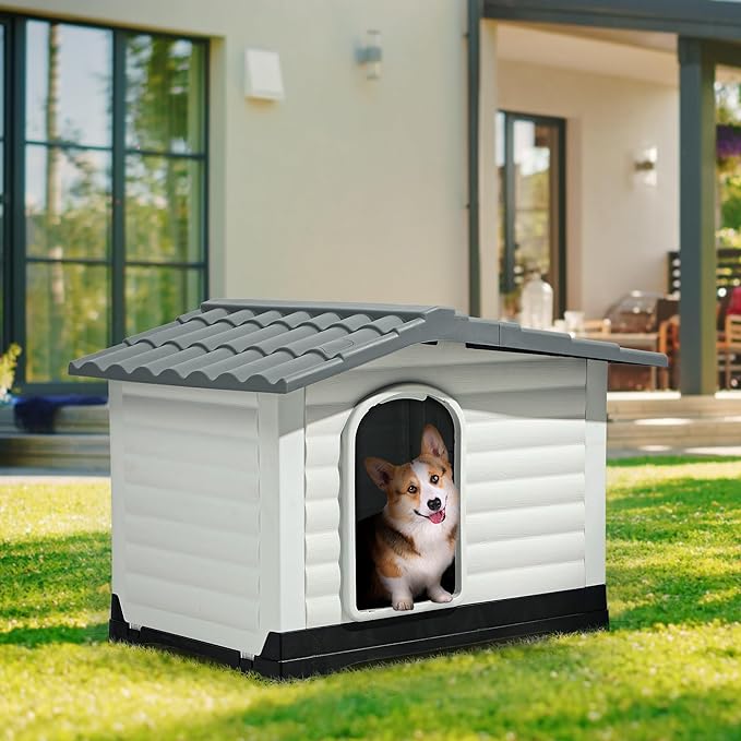 YITAHOME 36'' Large Double Door Dog House with Porch & Cushion, Outdoor Plastic Doghouse with Elevated Base, Easy to Install, Water-Resistant Pet House for Small Medium Dogs (36''L*27.1''W*26''H)