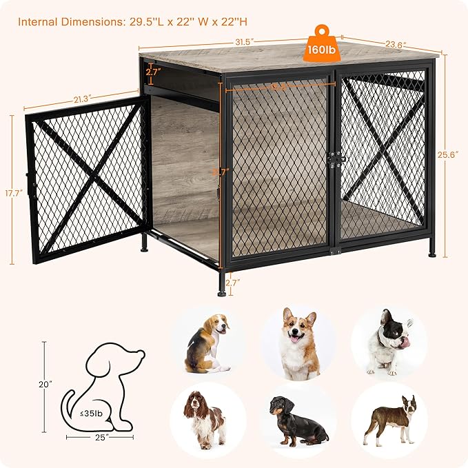 DWANTON Dog Crate Furniture, 31.5" L Three-Door Wooden Dog Kennel Indoor, Connectable expansion, Wooden Dog Crate Table for Small/Medium/Large Dog, Dog House, Dog Cage Large, Greige