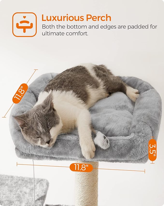 FEANDREA Cat Tree, Large Cat Tower, 64.6 Inches, Cat Activity Center with Hammock, Basket, Removable Fur Ball Sticks, Cat Condo, Light Gray UPCT087W01