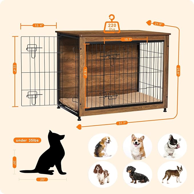 DWANTON Dog Crate Furniture with Cushion, Wooden Dog Crate with Double Doors, Dog Furniture, Indoor Dog Kennel，End Table, Medium, 32.5" L, Warm Brown