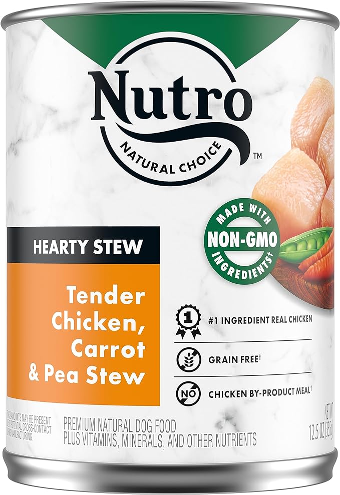 NUTRO HEARTY STEW Adult Natural Grain Free Wet Dog Food Cuts in Gravy Tender Chicken, Carrot & Pea Stew, 12.5 oz. Cans (Pack of 12)