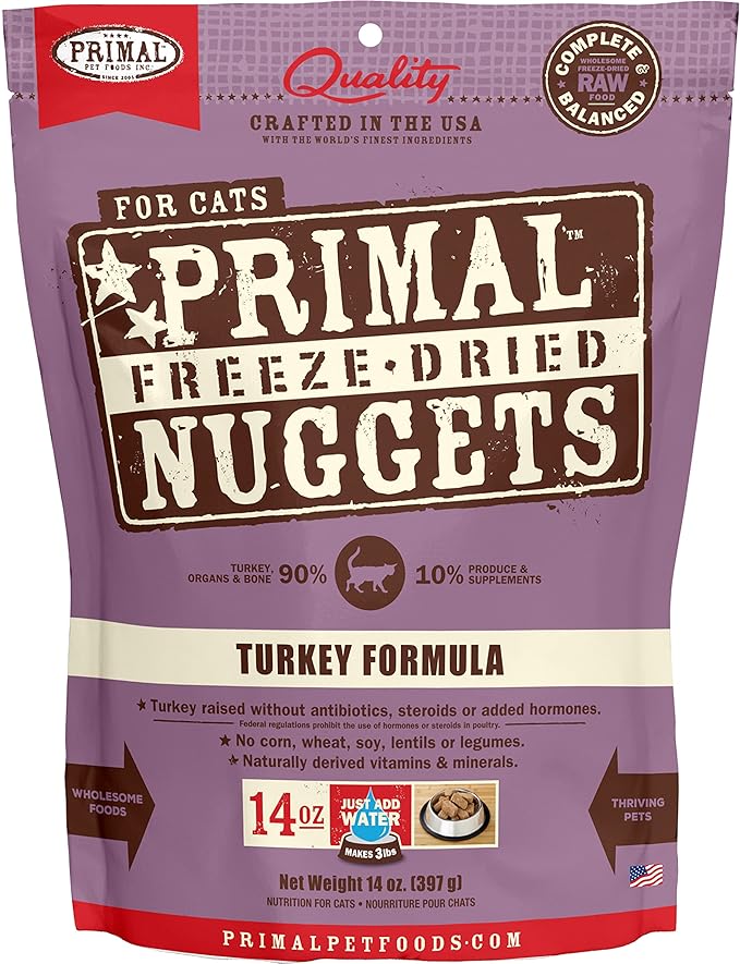 Primal Freeze Dried Cat Food Nuggets Turkey; Complete & Balanced Meal or Topper; Premium, Healthy, Grain Free, High Protein Raw Cat Food with Probiotics (14 oz)